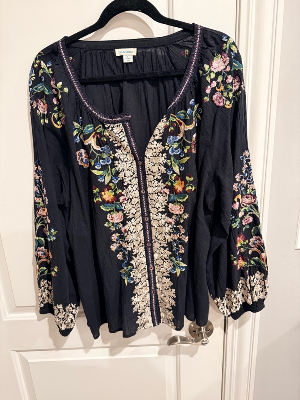 Sundance Black Embroidered Boho Peasant Blouse